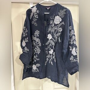 Johnny Was Navy embroidered top